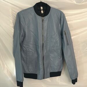 MENS ZARA MAN LIGHTWEIGHT FAUX LEATHER BLUE SLIM BOMBER JACKET